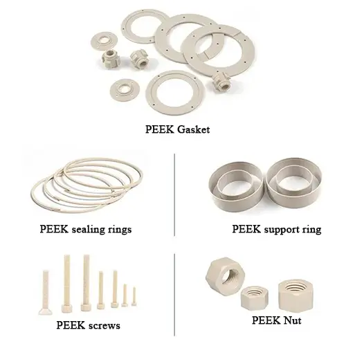 PEEK parts are widely used in mechanical parts, such as automotive gears, oil sieve, shift starter disk; aircraft engine parts, automatic washing machine rotor, medical equipment parts, etc. 