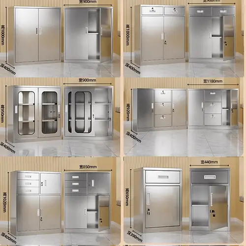 produk: Short CabinetMaterial: SUS 304/ SUS 201/ SUS 316LSize: 1000*900*400 (W*D*H)mm/ 715*400*480 (W*D*H)mm/ Customizable on requestDoor: swing door/ sliding doorDrawers: availableApplications: office document storage, item storage