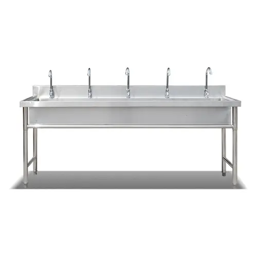 Product: Stainless Steel Dishwashing Sink Material: stainless steel 304/316L, thickness 1.2mm Style: sink models, customized according to customer needs Accessories: faucet, downpipe, adjustable feet Water dispensing method: manual, foot pedal, infrared sensor, button type can be