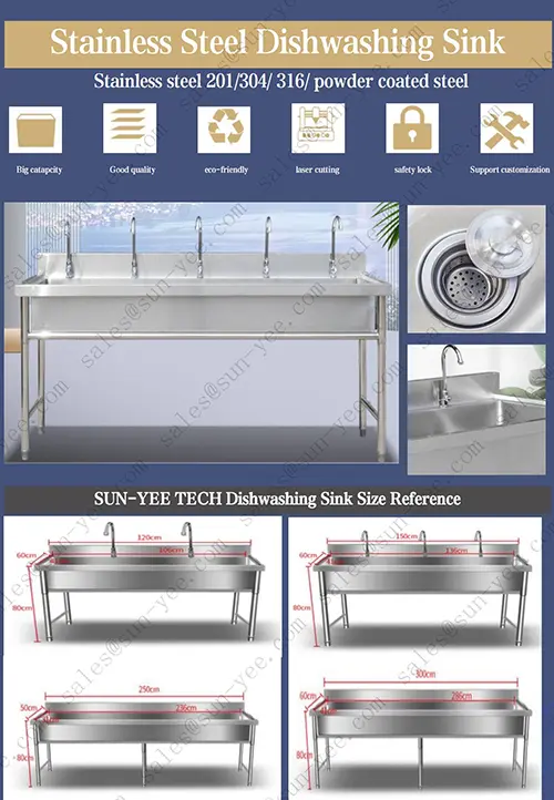 produtos: Stainless Steel Dishwashing Sink Material: stainless steel 304/316L, thickness 1.2mm Style: sink models, customized according to customer needs Accessories: faucet, downpipe, adjustable feet Water dispensing method: manual, foot pedal, infrared sensor, button type can be