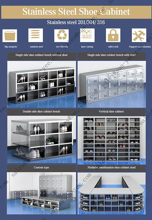 Producto: custom shoe cabinetMaterial: stainless steel 304/ 316LType: single side/ double side/ Ventilated Shoe Cabinet/ Sterile Shoe Cabinet/ dynamic shoe cabinet all avaliable.Size: custom as customer's requirments